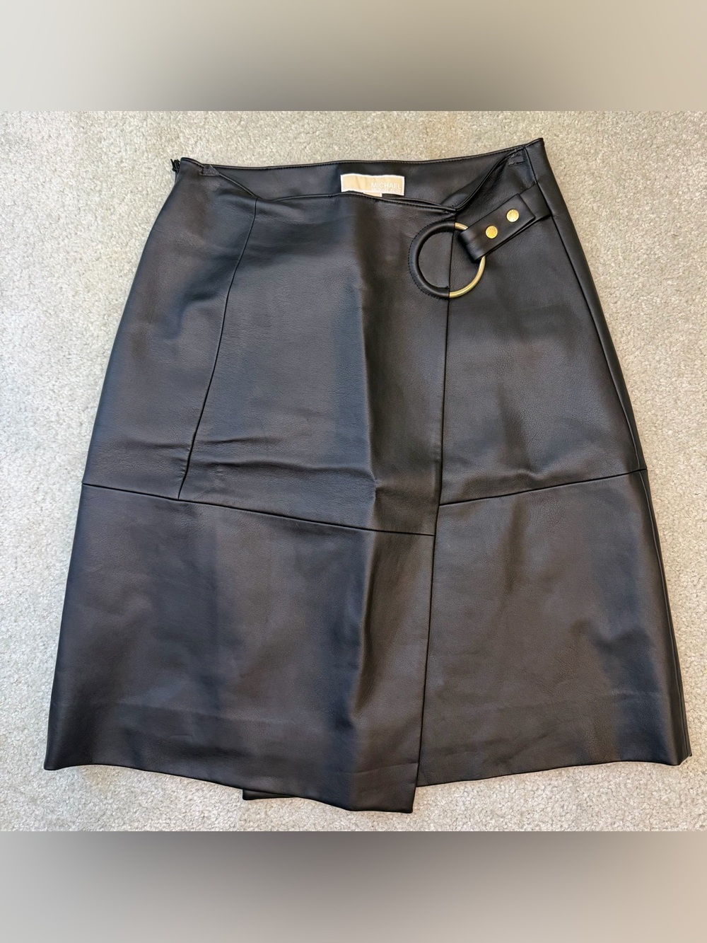 Michael Kors Black Faux Leather A-Line Skirt with Ring Detail